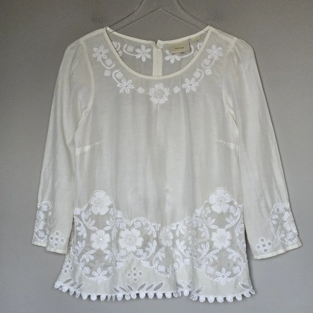 Anthropologie Maeve Cream Silk Embroidered Lace Women's Boho Feminine Fairy Top